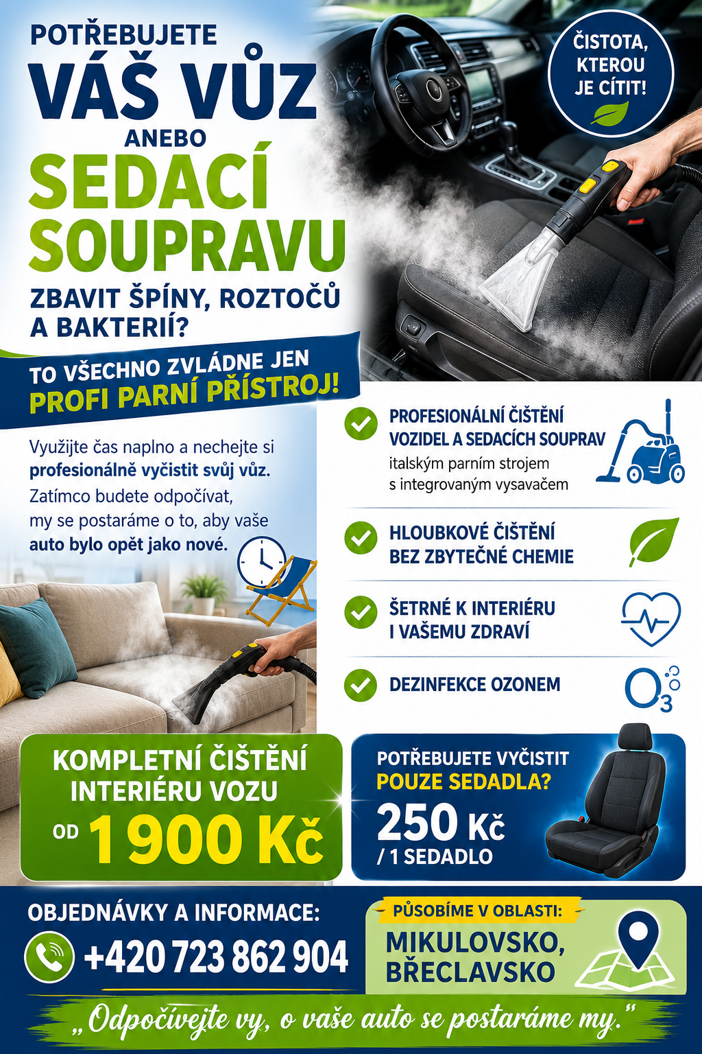 Parní čištění interiéru vozů a sedacích souprav