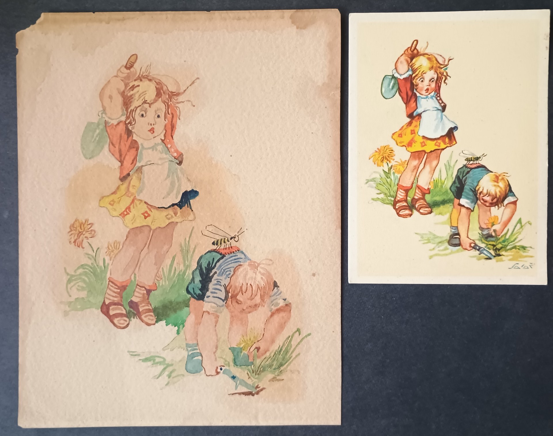 A. Salač – Unikátní set: Orig.akvarel, + 4 dobové pohled
