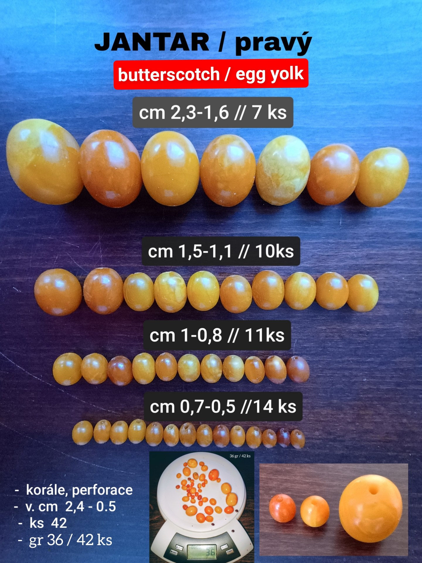 Přírodní baltský jantar – butterscotch – 42 ks volných oliv, 36 g“.